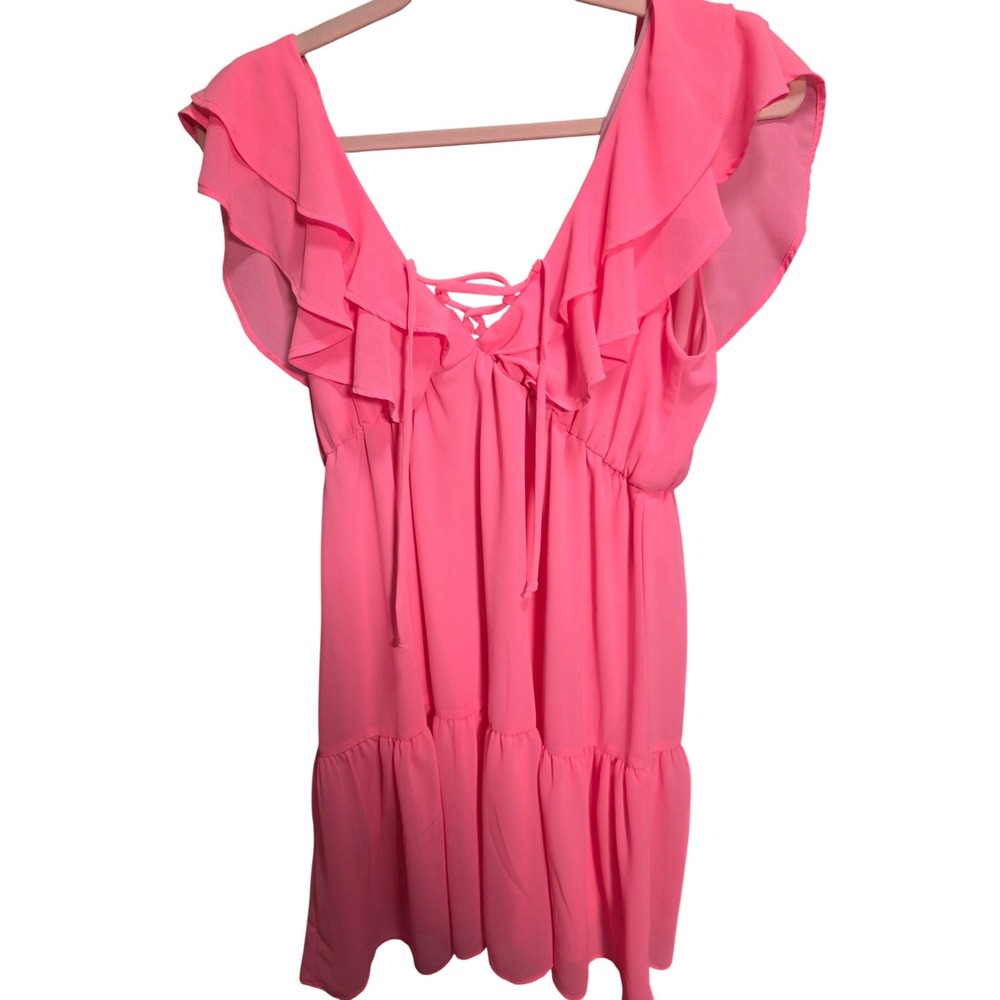Hot Pink Ruffle V-Neck Mini Dress Sleeveless Tiered Lace Up Back Summer Party